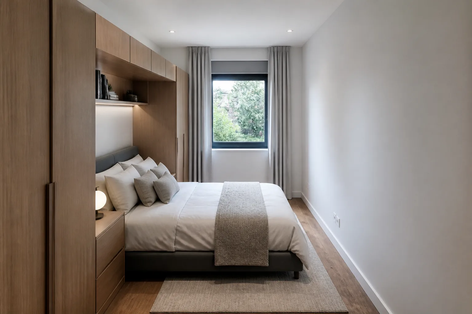 A narrow bedroom, designed for it
