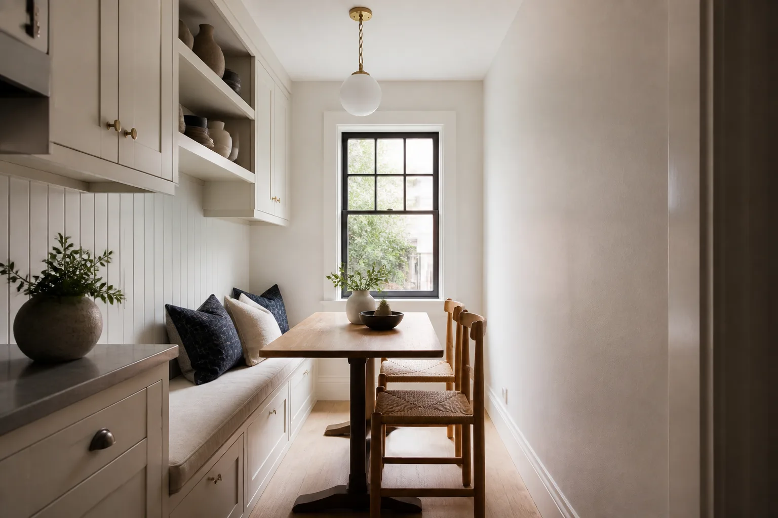 A narrow breakfast nook, designed for it