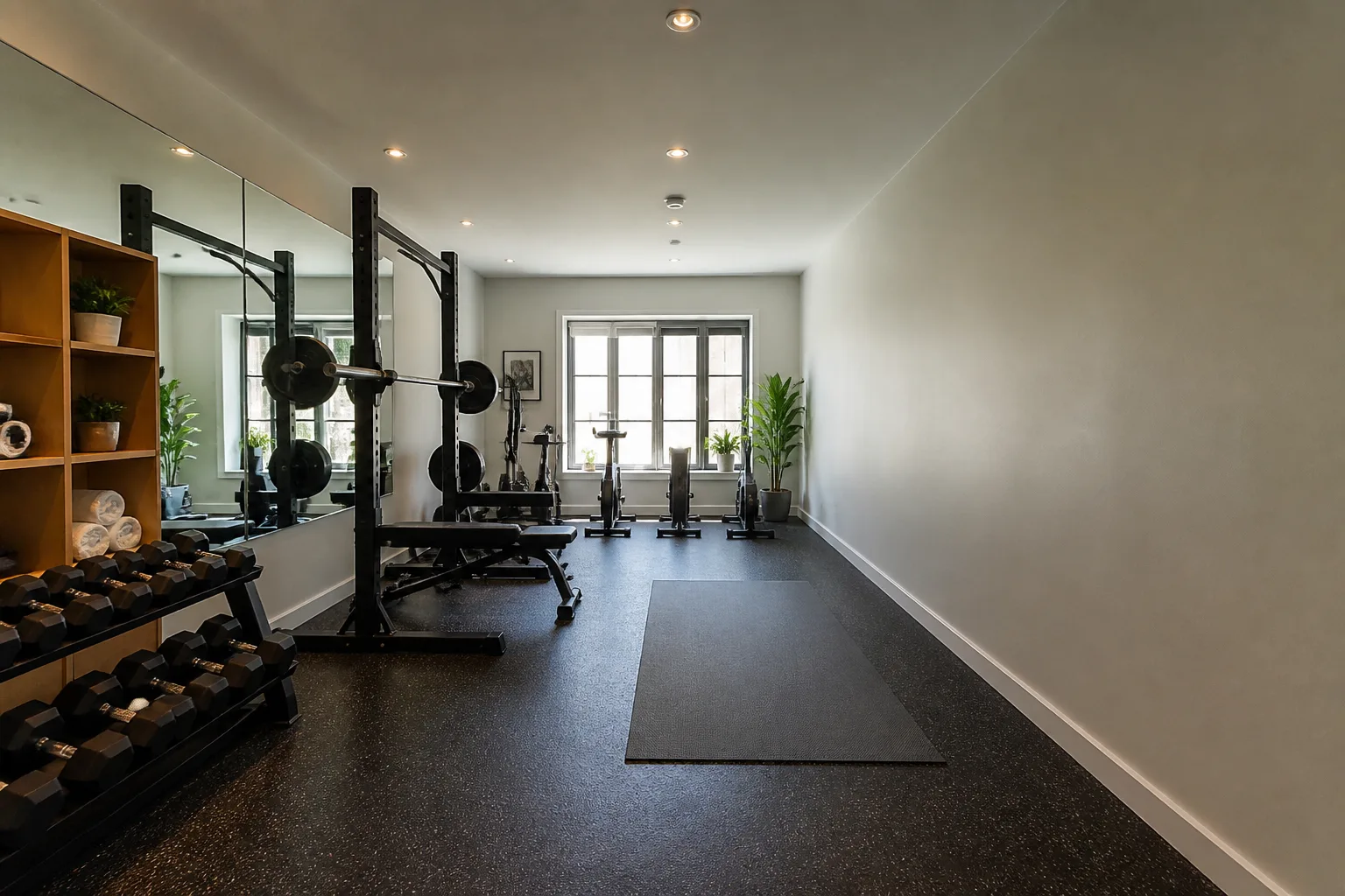 A narrow home gym, designed for it