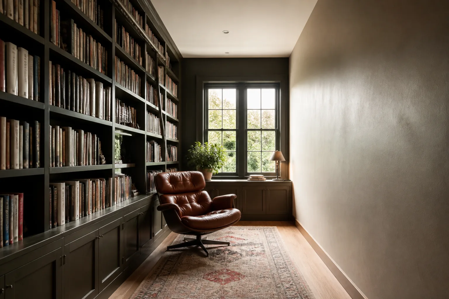 A narrow home library, designed for it