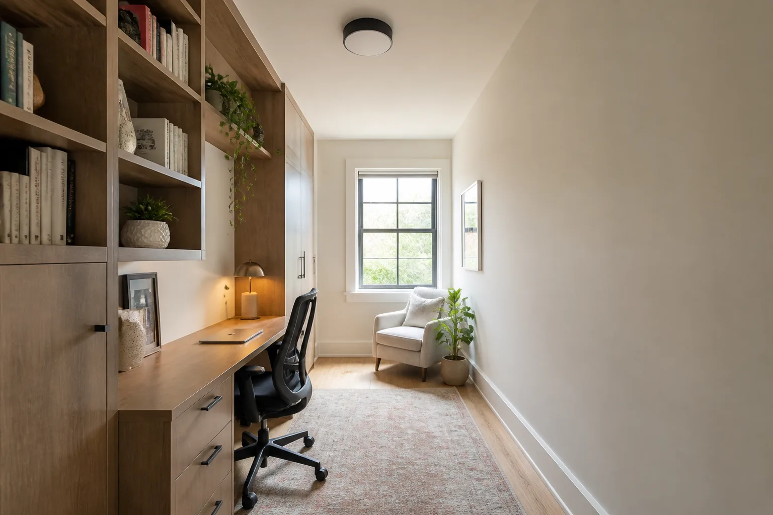 A narrow home office, designed for it