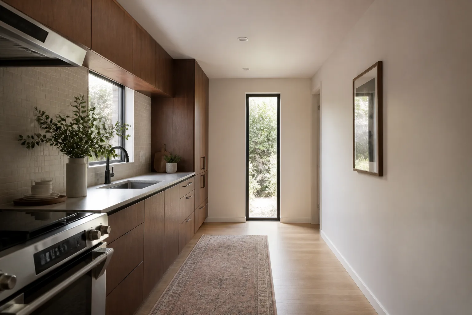 A narrow kitchen, designed for it