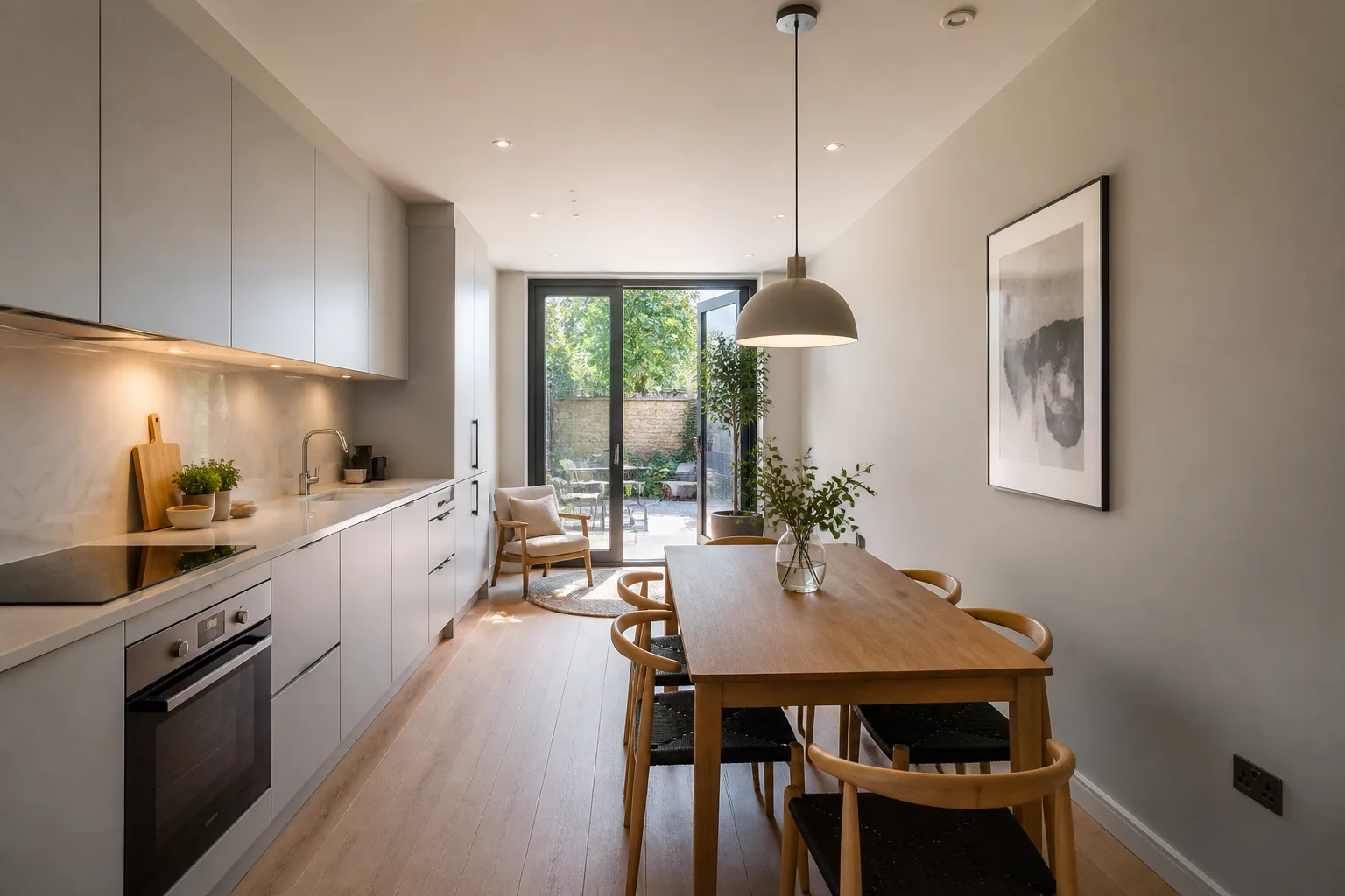 A narrow kitchen-diner, designed for it