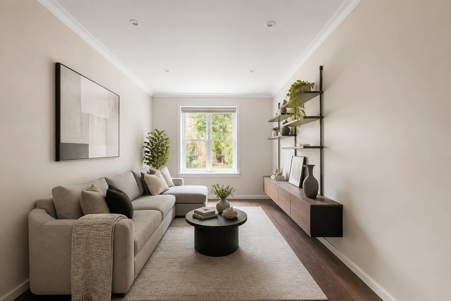 A narrow living room, designed for it