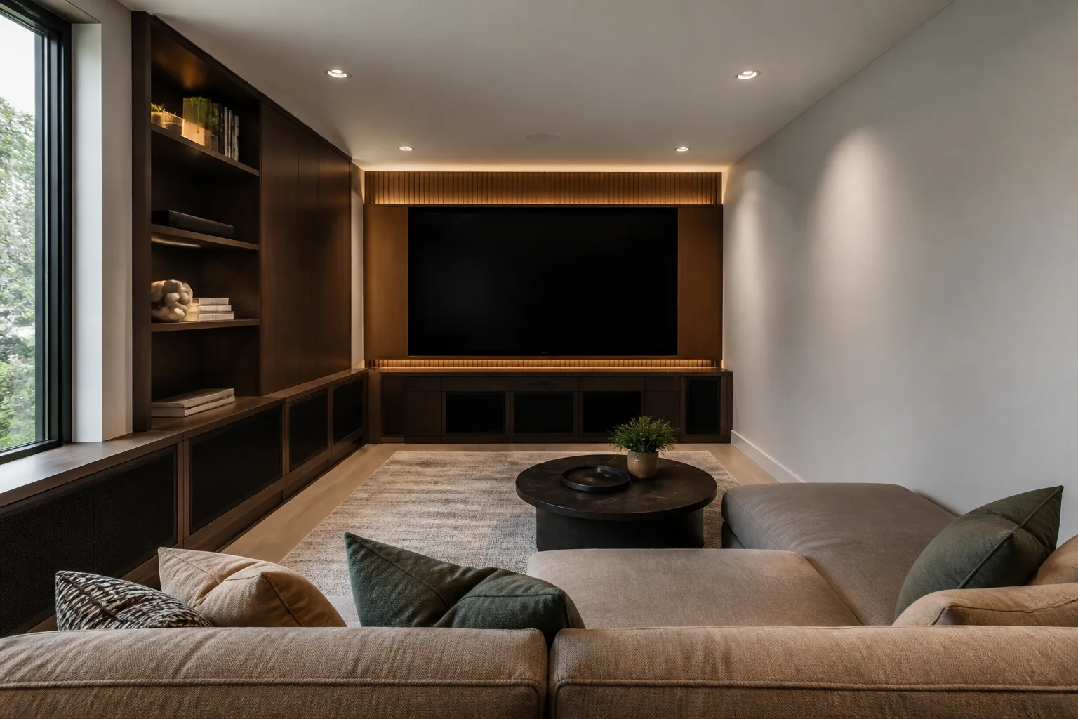 A narrow media room, designed for it