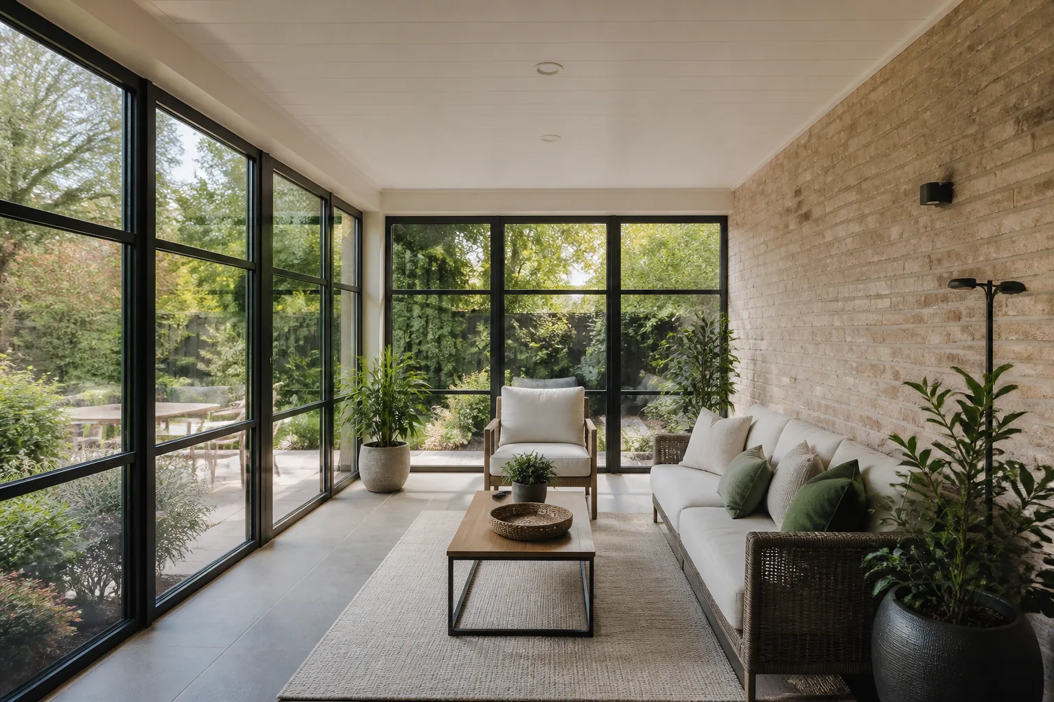 A narrow sunroom, designed for it