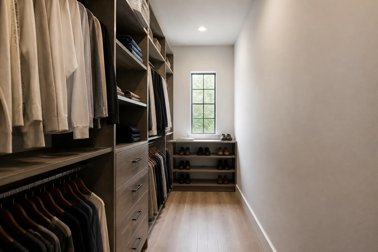 A narrow walk-in closet, designed for it