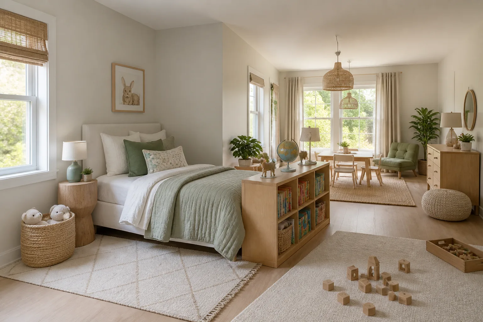 A open-plan kids’ bedroom, designed for it