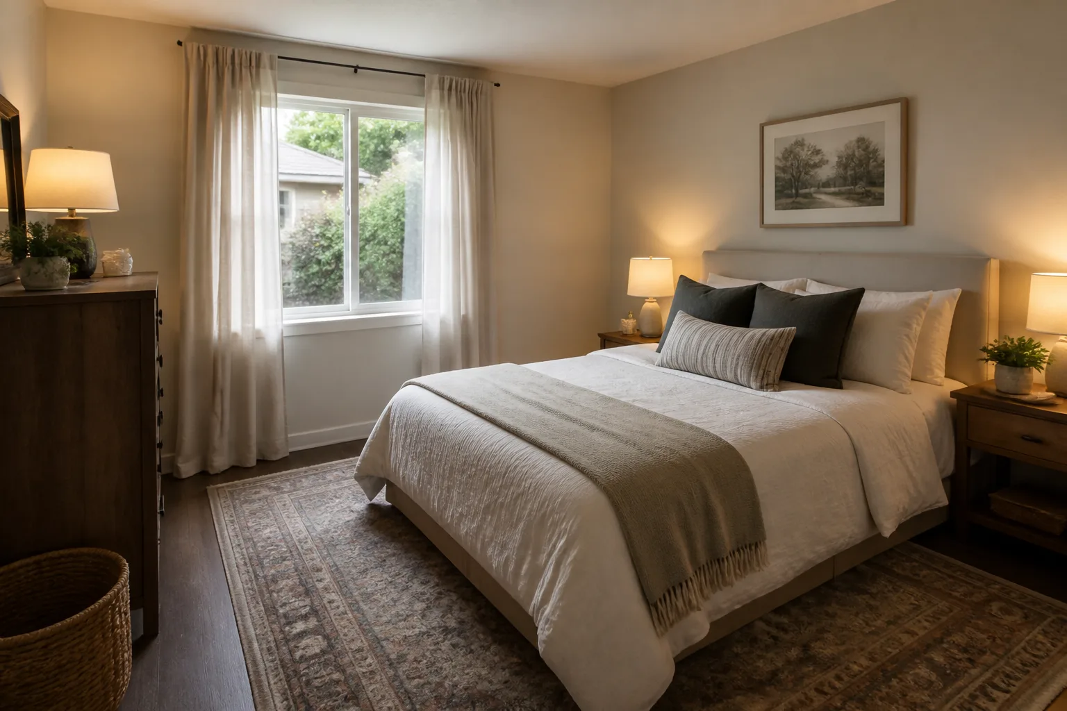 A rental bedroom, designed for it