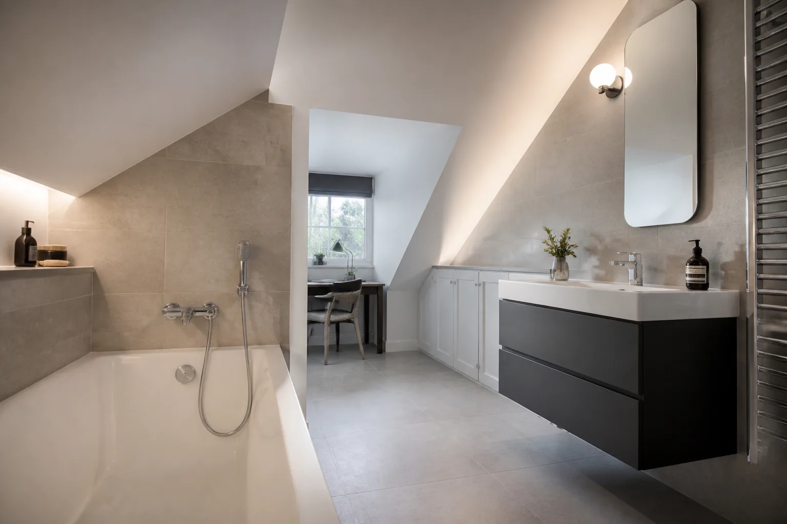 A sloped-ceiling bathroom, designed for it