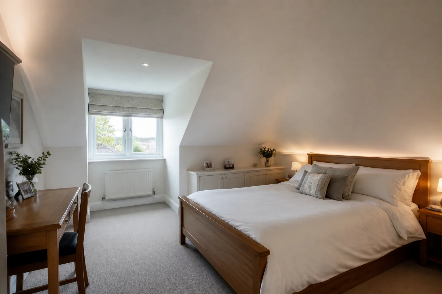 A sloped-ceiling bedroom, designed for it