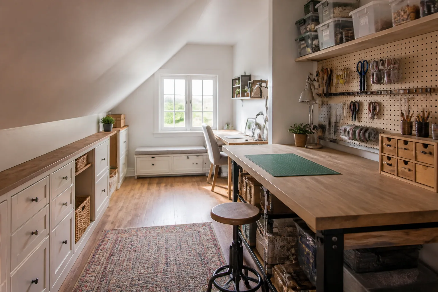 A sloped-ceiling craft room, designed for it