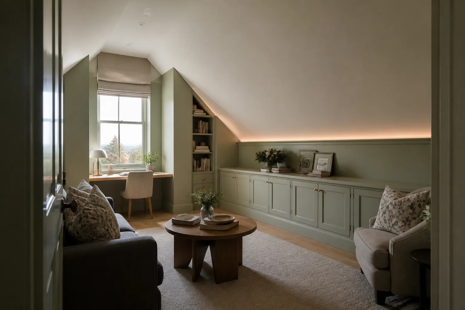 A sloped-ceiling den, designed for it