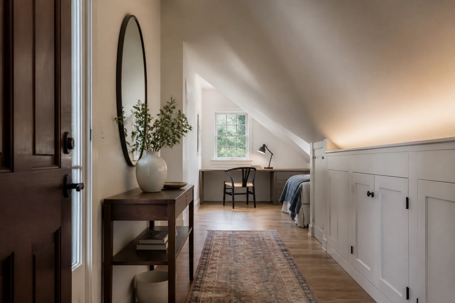 A sloped-ceiling entryway, designed for it