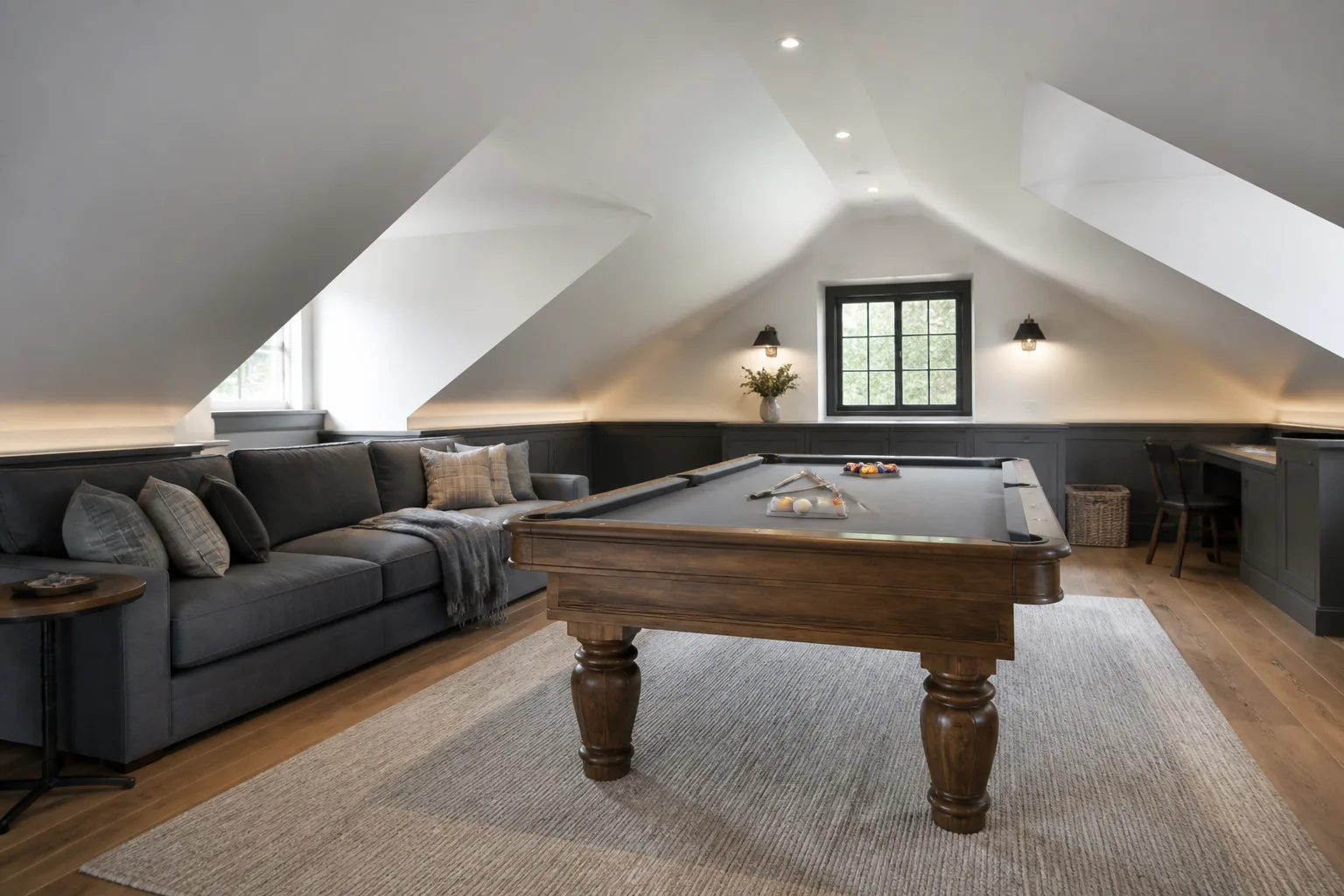 A sloped-ceiling game room, designed for it