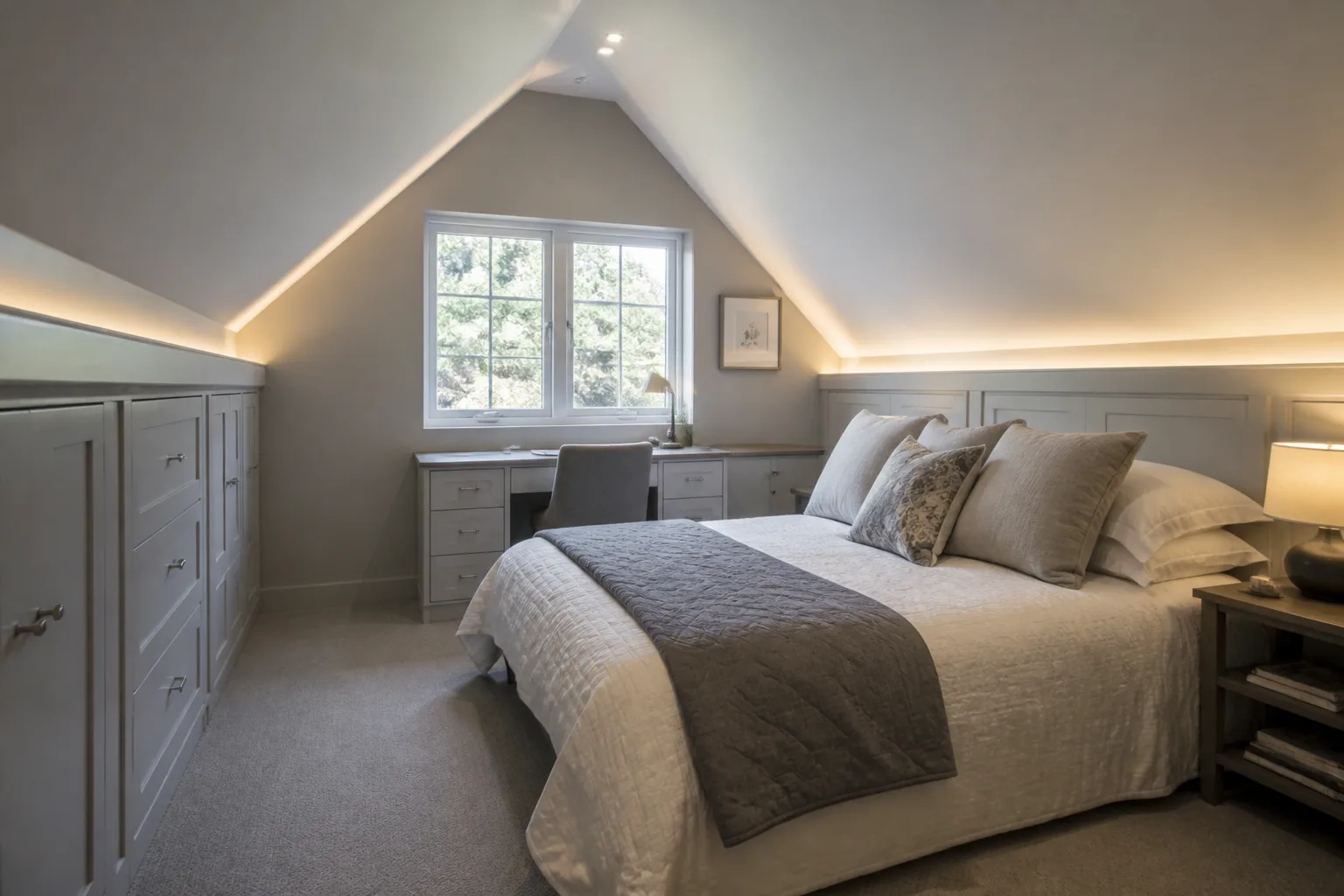 A sloped-ceiling guest bedroom, designed for it