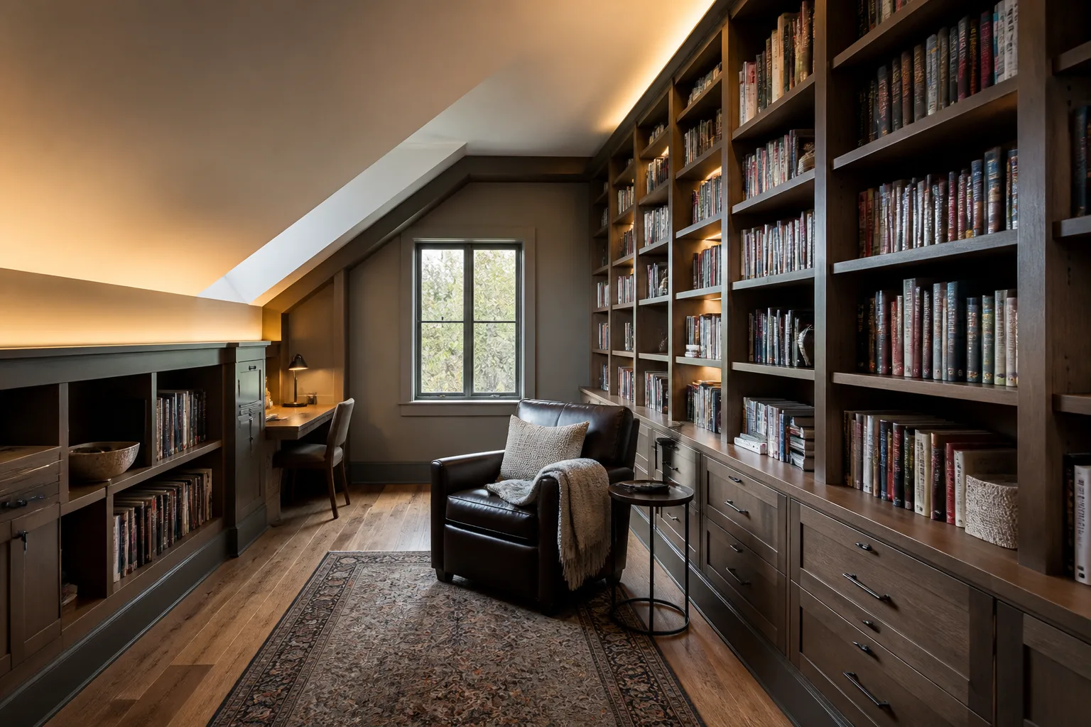 A sloped-ceiling home library, designed for it