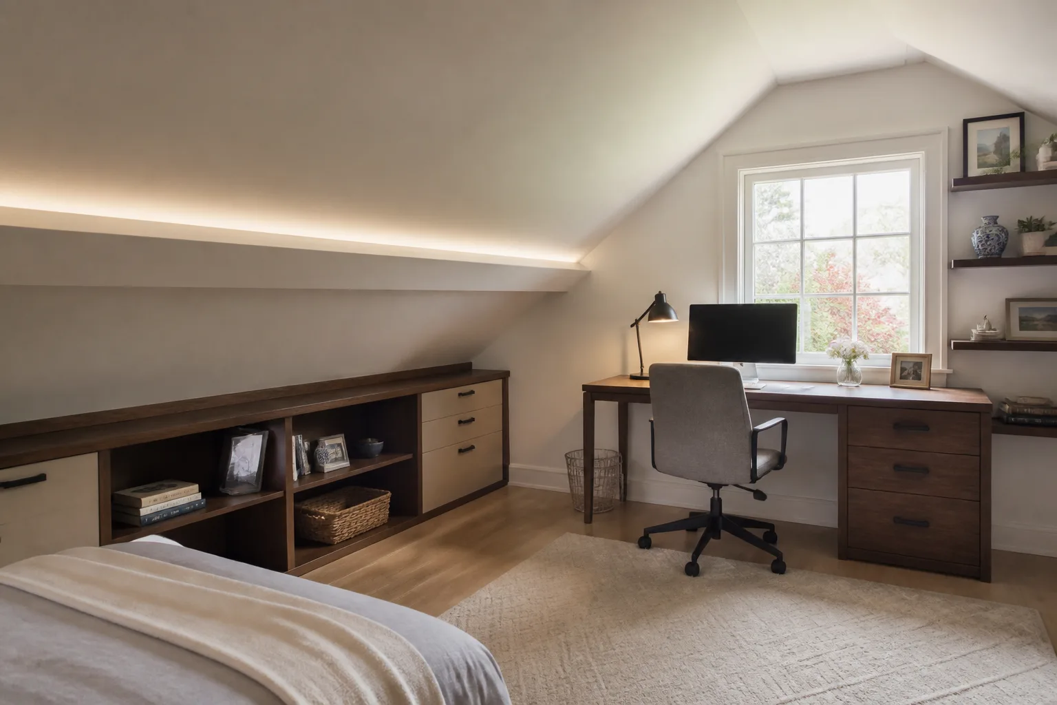 A sloped-ceiling home office, designed for it