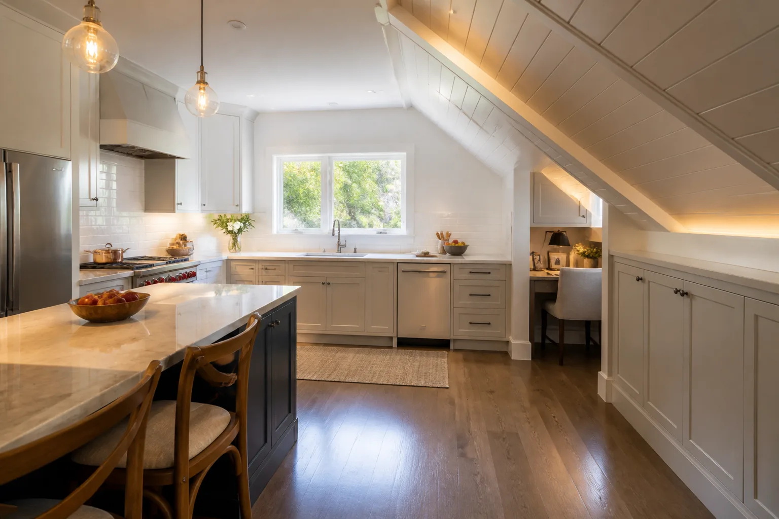 A sloped-ceiling kitchen, designed for it