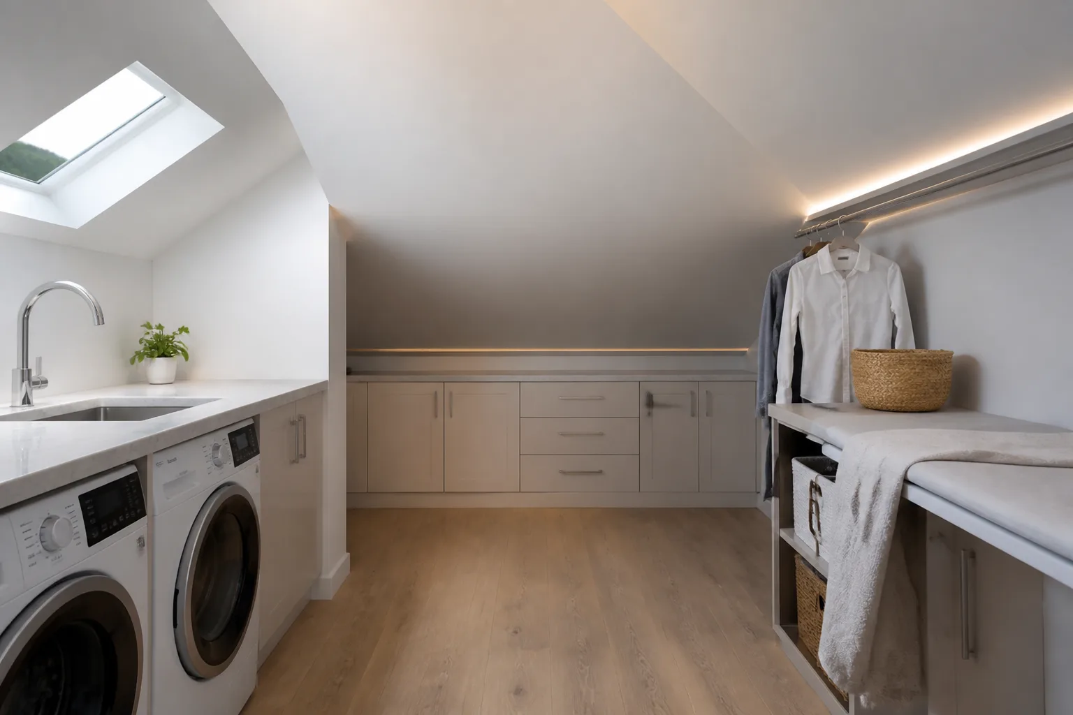 A sloped-ceiling laundry room, designed for it