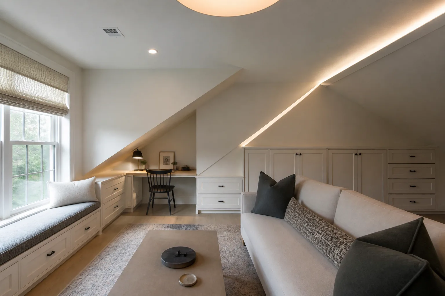 A sloped-ceiling living room, designed for it