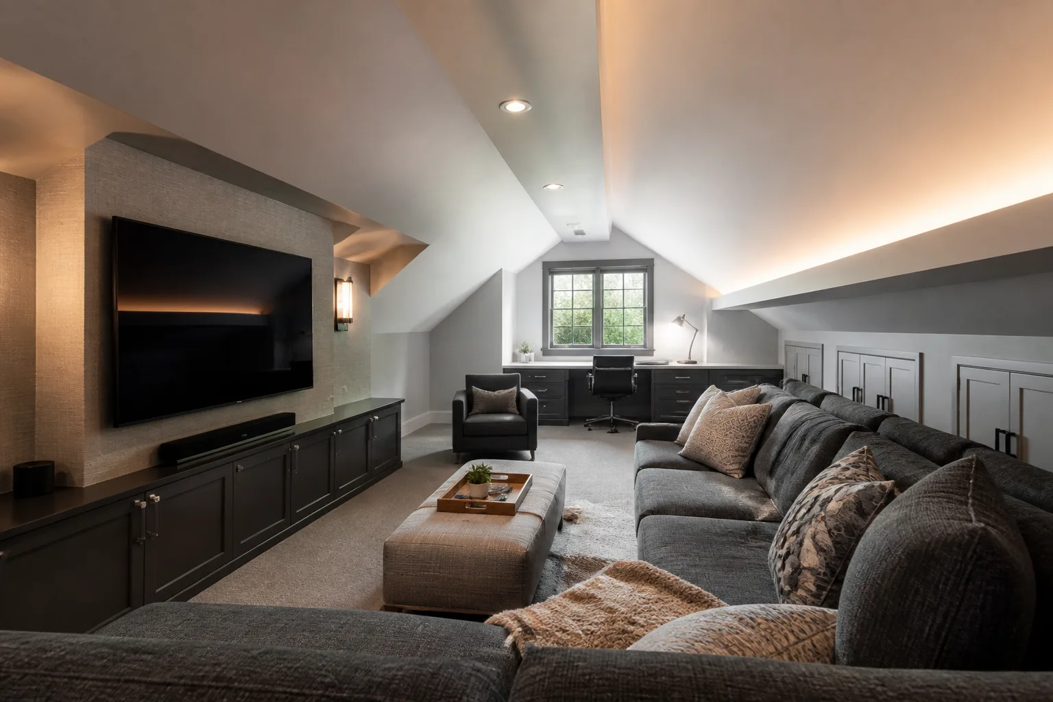 A sloped-ceiling media room, designed for it
