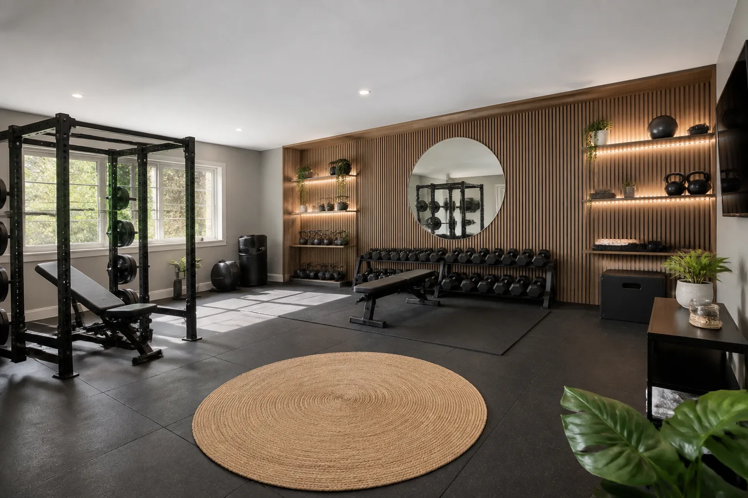 A square home gym, designed for it