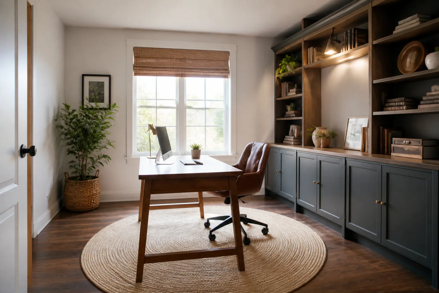 A square home office, designed for it
