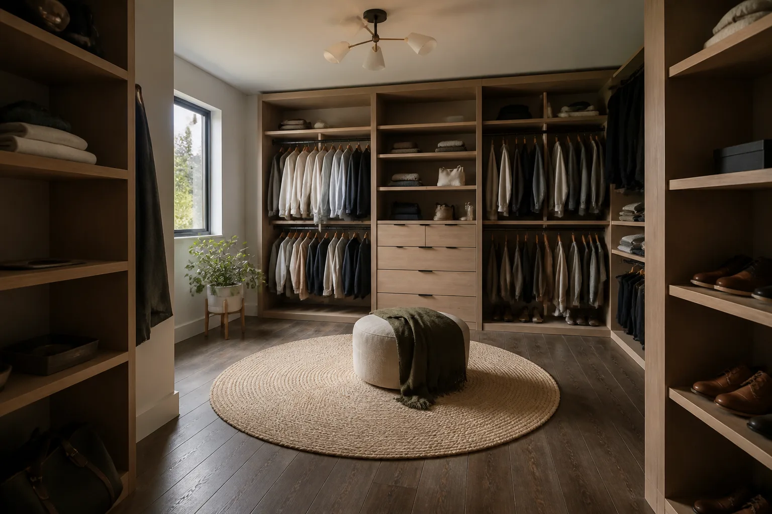 A square walk-in closet, designed for it