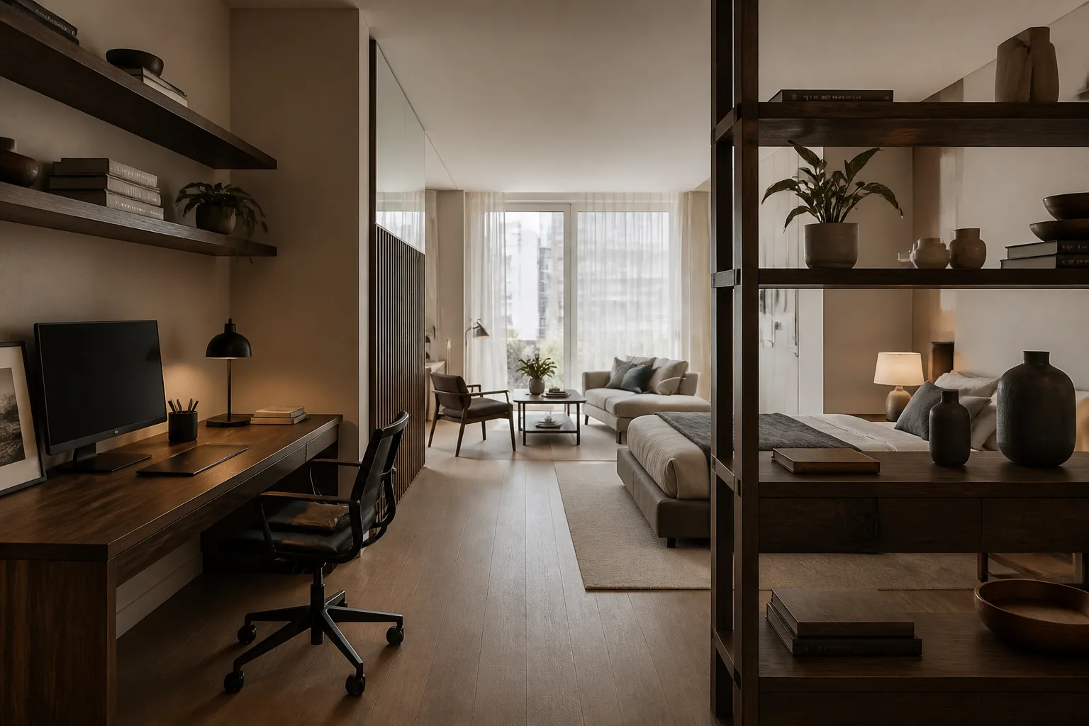 A studio apartment home office, designed for it