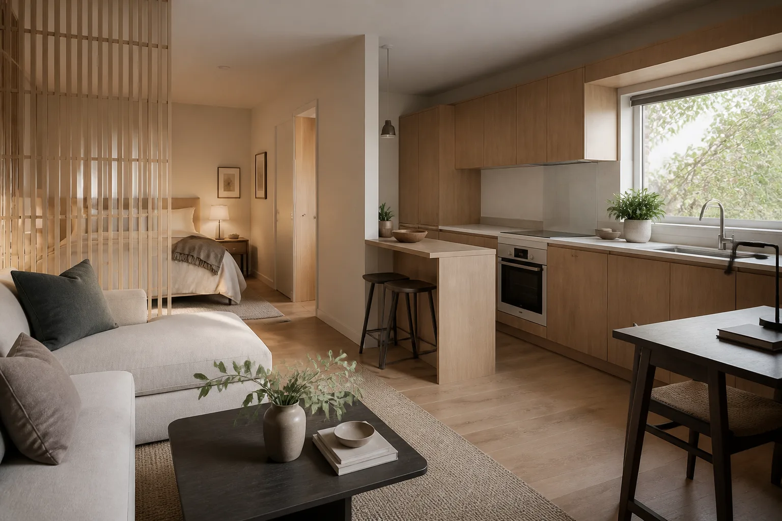 A studio apartment kitchen, designed for it