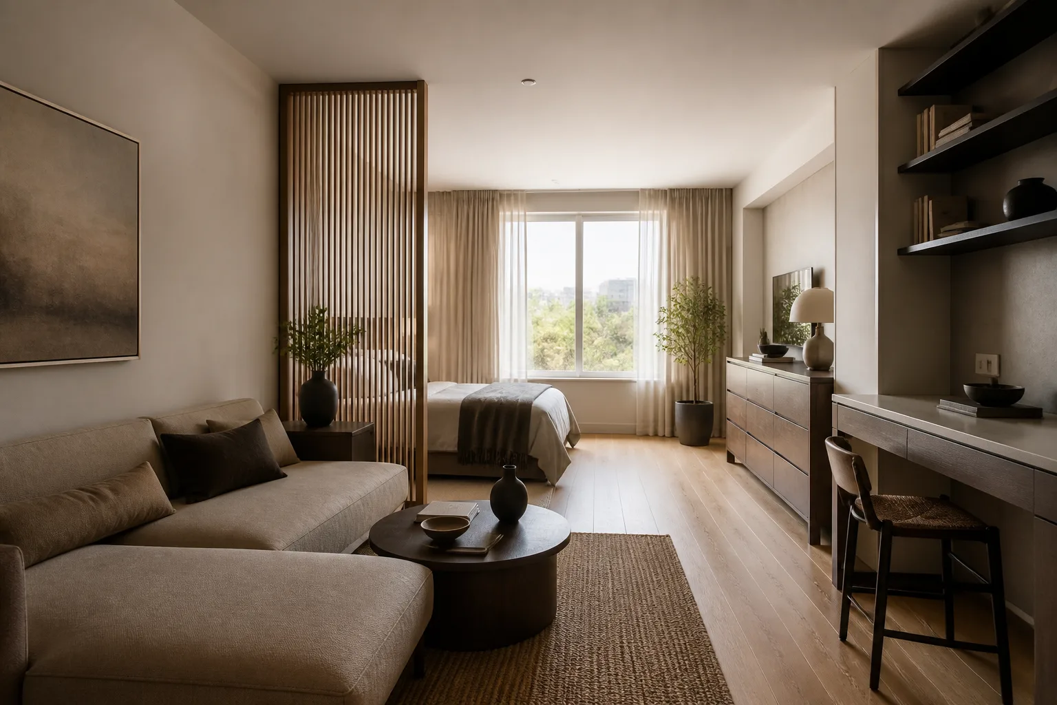A studio apartment living room, designed for it