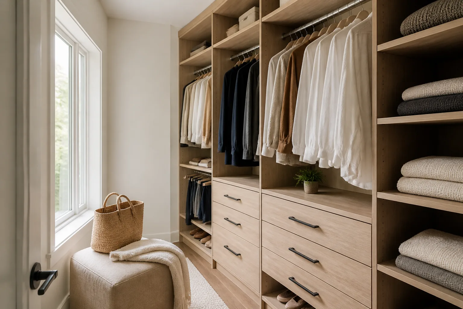 A tiny walk-in closet, designed for it