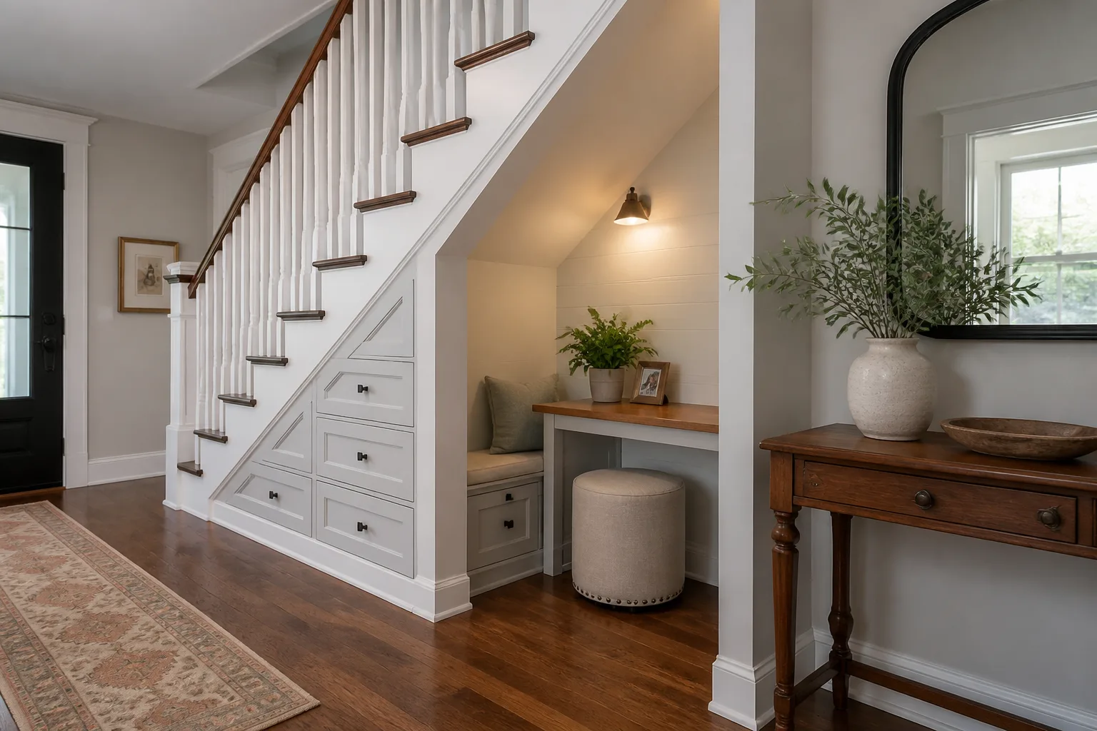 A under-stairs entryway, designed for it