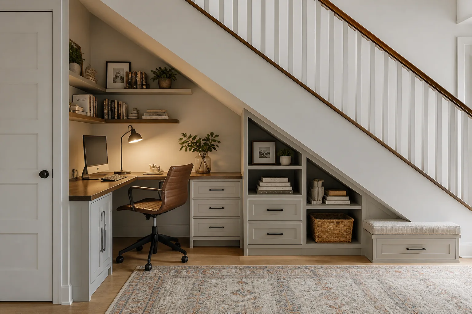 A under-stairs home office, designed for it