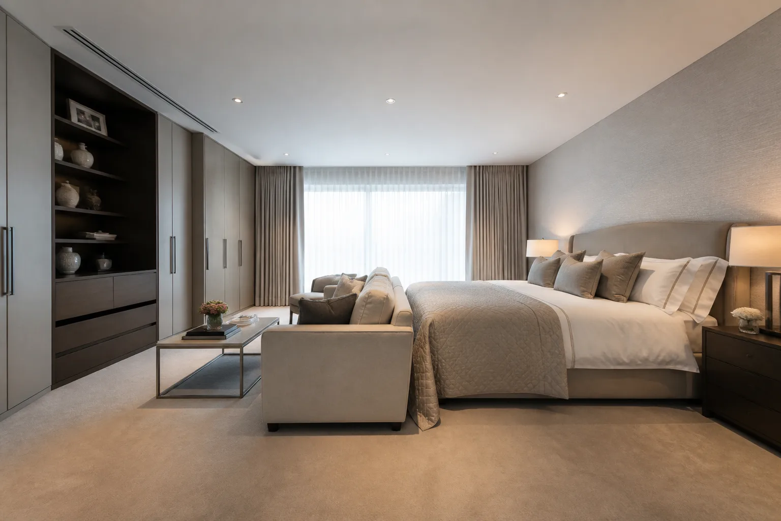 A walk-through main bedroom, designed for it