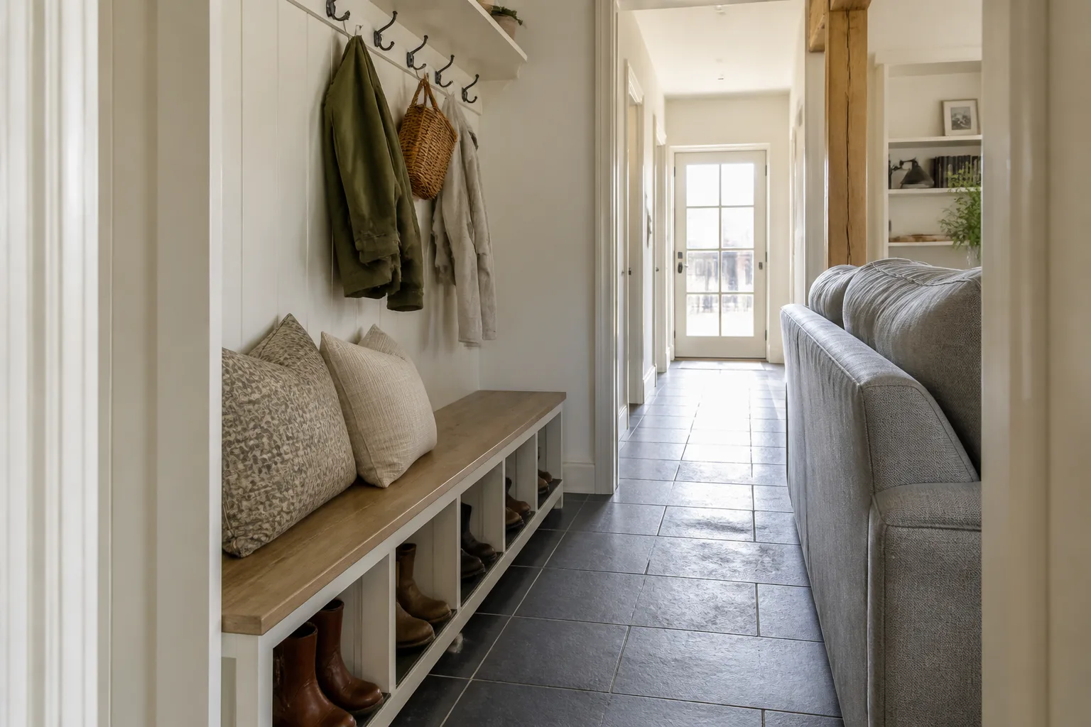 A walk-through mudroom, designed for it