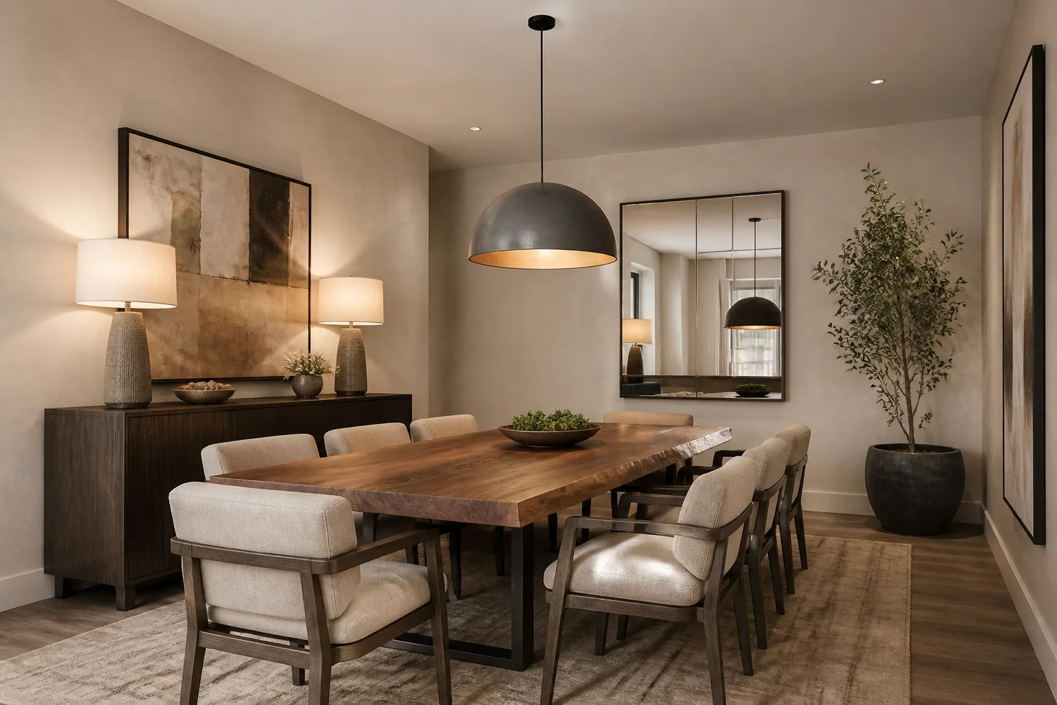 A windowless dining room, designed for it