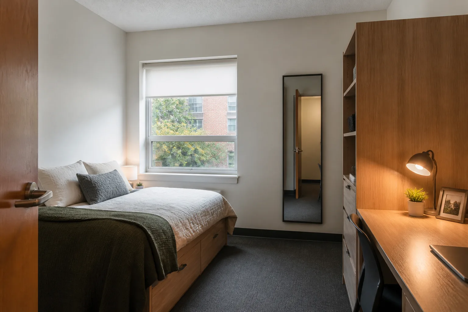 A windowless dorm room, designed for it