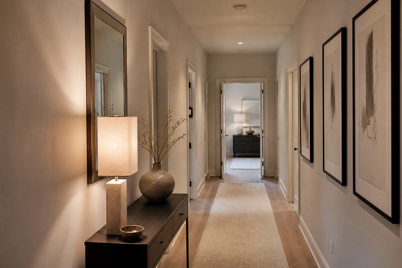 A windowless hallway, designed for it