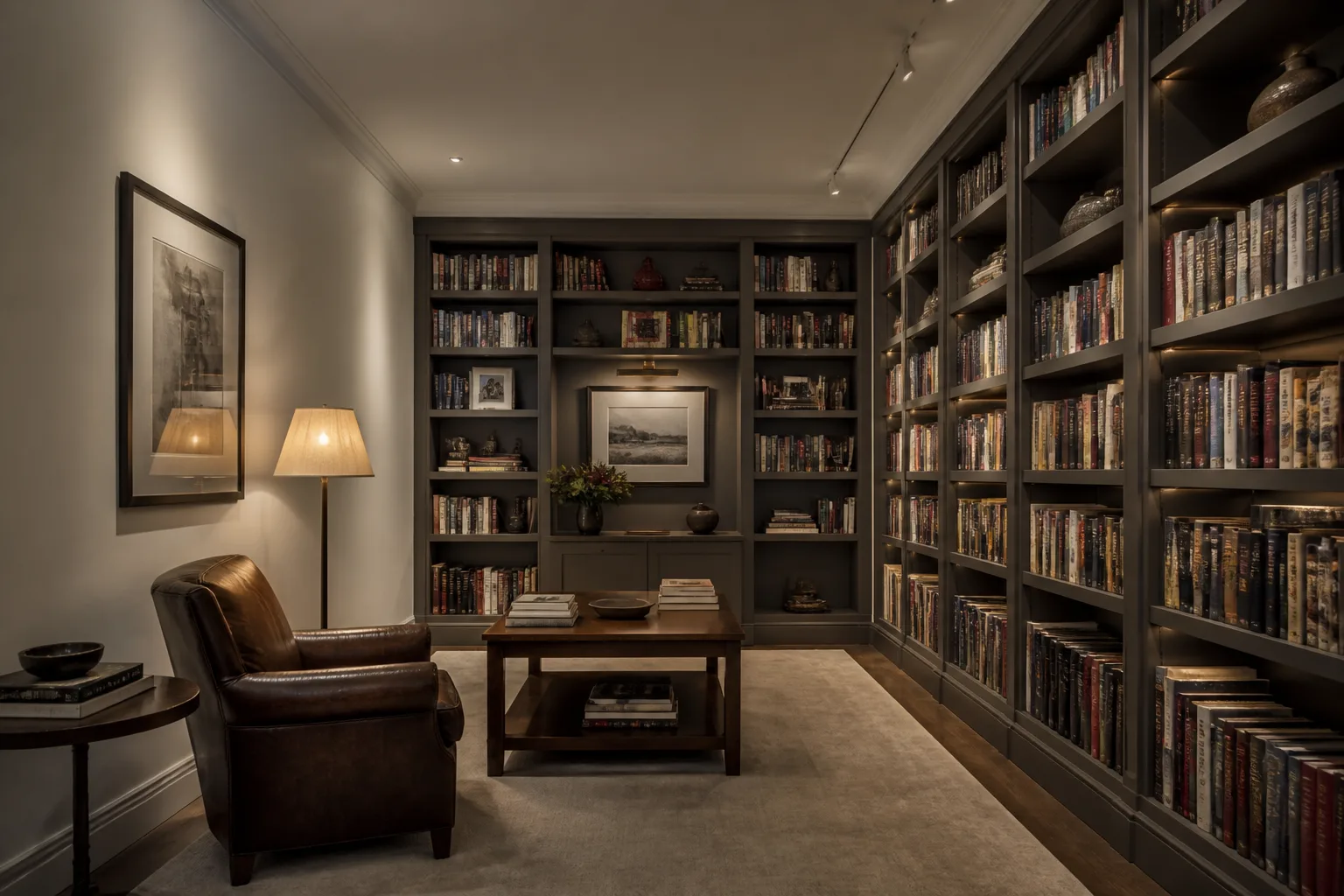 A windowless home library, designed for it