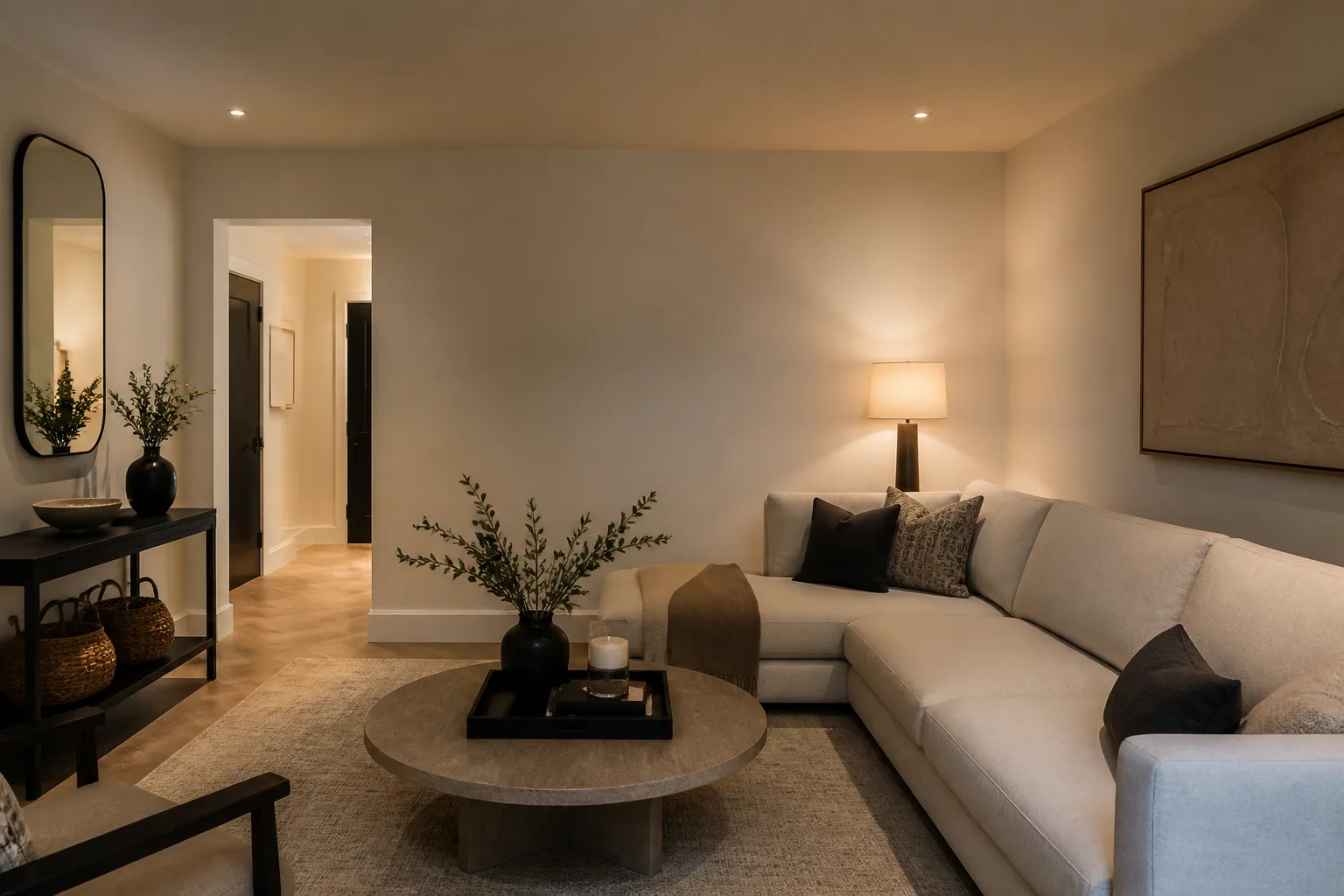 A windowless living room, designed for it