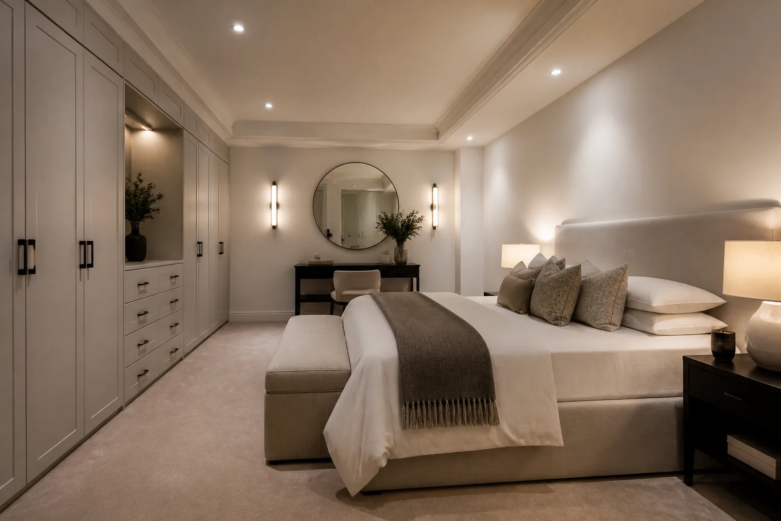 A windowless main bedroom, designed for it